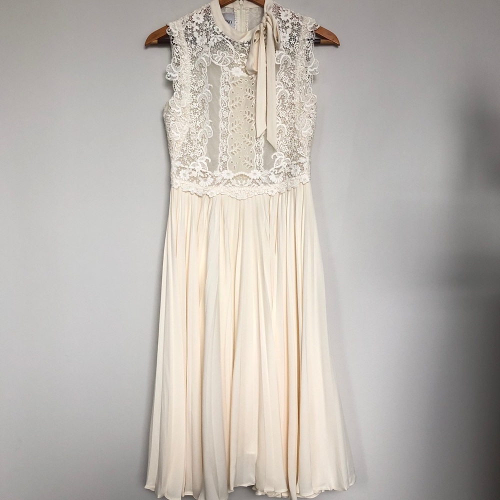 Valentino lace pleated midi dress in cream color